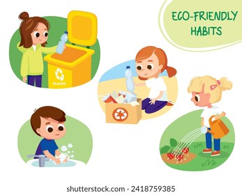 Eco friendly habits. Children, kids sorting waste, throw into the garbage bin. Eco friendly recycling illustration. Set of children doing waste sorting. Environmental protection.