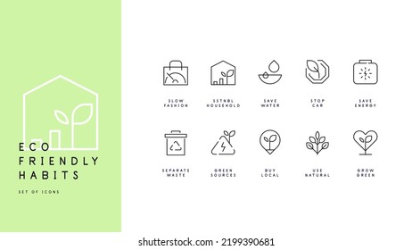 Eco friendly habits and conscious lifestyle. Set of ten simple line art icons. Vector file.