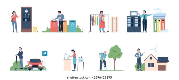 Eco friendly habits. Ecology lifestyle, people sorting garbage, economy energy and water, using recycle for plastic and clothes. Recent vector flat scenes