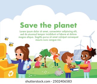 Eco friendly habits. Renewable energy from renewable resources. Wind turbines, solar panels. Children, kids pick up, collect garbage, litter and plant trees, plants. Environmental protection.