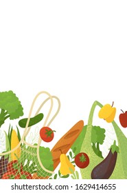 Eco friendly handbags and organic products flat vector illustration. Healthy nutrition and recyclable shopping bags. Fresh baguette and vegetables, vegetarian food isolated on white background