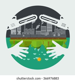 Eco friendly hands hug concept green tree.Environmentally friendly natural landscape.
saw blade symbol concept destroy Environmentally .what will you choose concept. Vector illustration