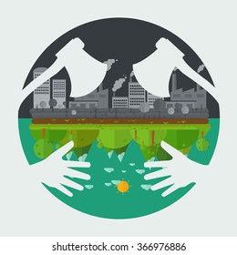 Eco friendly hands hug concept green tree.Environmentally friendly natural landscape.
double ax symbol concept destroy Environmentally .what will you choose concept. Vector illustration