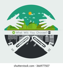Eco friendly hands hug concept green tree.Environmentally friendly natural landscape.saw blade symbol concept destroy Environmentally .what will you choose concept. Vector illustration