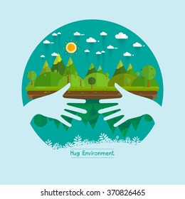 Eco friendly hands hug concept green tree.Environmentally friendly natural landscape.Vector illustration