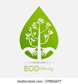 Eco friendly hands hug concept green tree.Environmentally friendly natural landscape.Vector illustration