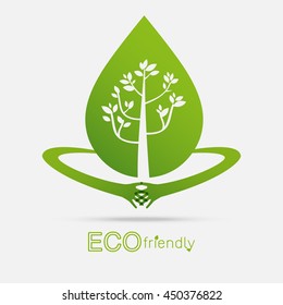 Eco friendly hands hug concept green tree.Environmentally friendly natural landscape.Vector illustration