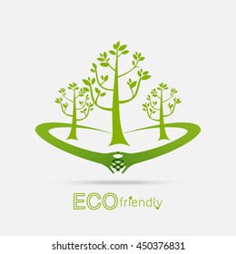 Eco friendly hands hug concept green tree.Environmentally friendly natural landscape.Vector illustration