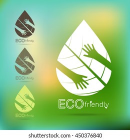 Eco friendly hands hug concept green tree.Environmentally friendly natural landscape.Vector illustration