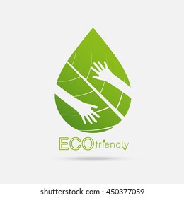 Eco friendly hands hug concept green tree.Environmentally friendly natural landscape.Vector illustration
