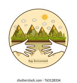 Eco friendly hands hug concept green tree.Environmentally friendly natural landscape.Vector illustration