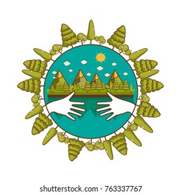 Eco friendly hands hug concept green tree.Environmentally friendly natural landscape.Vector illustration
