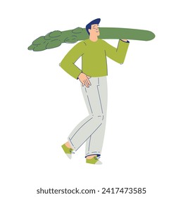 Eco Friendly with Happy Man Character Carry Huge Asparagus Stalk Vector Illustration