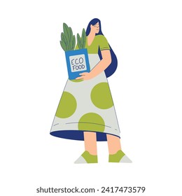 Eco Friendly with Happy Woman Character Holding Eco Food in Shopping Bag Vector Illustration