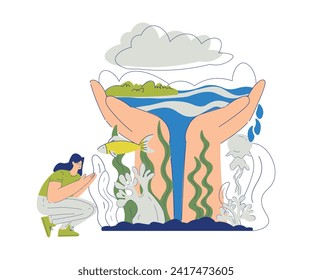 Eco Friendly with Happy Woman Character Near Ocean Water in Hand Palm Vector Illustration