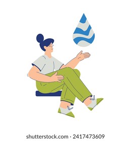 Eco amistoso con el personaje de una mujer feliz con la ilustración del vector Blue Drop