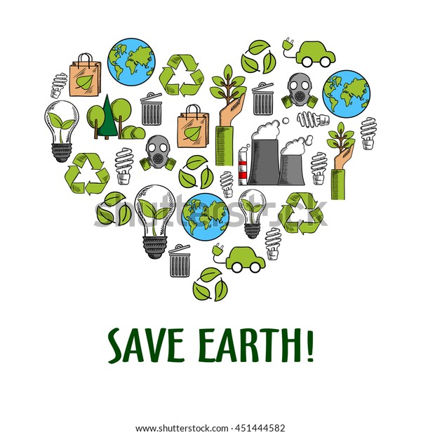 Eco friendly heart icon with colored sketches of\
light bulbs with green leaves, recycling symbols and paper bags,\
hands with plants and earth globes, trees, electric cars, fuming\
pipes and gas masks
