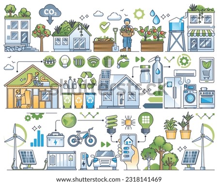 Eco friendly home elements for sustainable house outline collection set. Item group with environmental lifestyle, renewable energy, smart and effective resources consumption vector illustration.