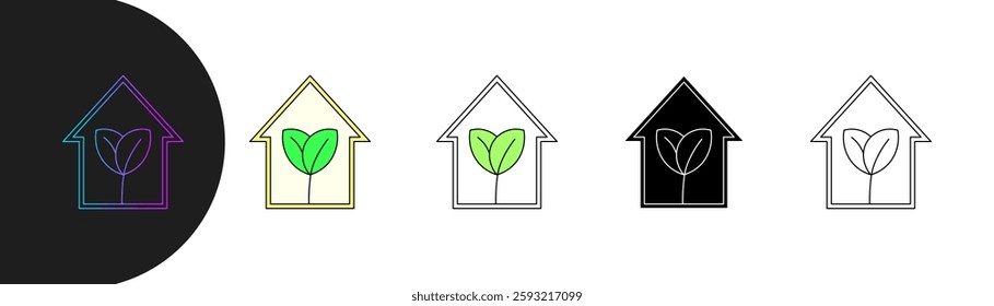 eco friendly home icon set with minimalist line design and in different styles, featuring plants inside to symbolize sustainability and green lifestyle. editable strokes