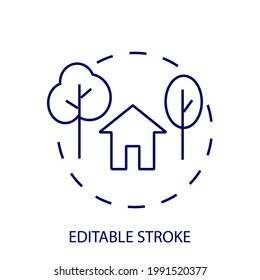 Eco friendly home outline concept icon. House with trees. Customizable linear contour symbol. Editable stroke. Isolated vector stock illustration