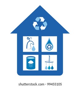 Eco friendly home water conservation concepts - tap water conservation, water recycling symbol, rain water tank, shower water conservation.