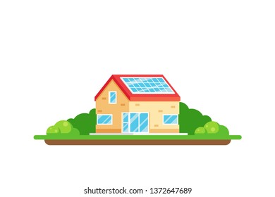 Eco friendly house. Green energy concept. Picture of a house with solar panel on the roof isolated on white background. Flat style illustration.