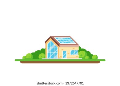 Eco friendly house. Green energy concept. Picture of a house with solar panel on the roof isolated on white background. Flat style illustration.