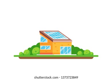 Eco friendly house. Green energy concept. Picture of a house with solar panel on the roof isolated on white background. Flat style illustration.