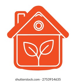 Eco friendly house with leafy green plant symbol inside orange home icon on white background for sustainable living concepts