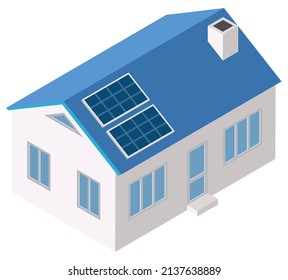 Eco friendly house, modern energy saving technology. Renewable sustainable village building with photovoltaic solar panels roof power energy. Family house on urban smart city street isolated on white