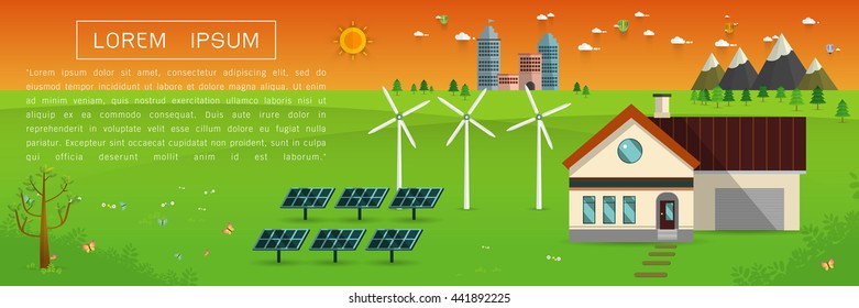 eco friendly house - solar energy, wind energy,Green energy ,urban landscape,Vector concept illustration.