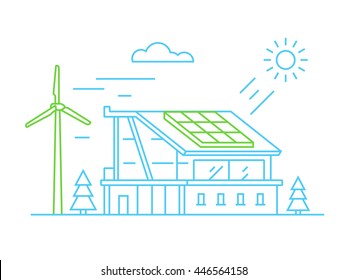 Eco friendly house with solar panel and wind turbine. Alternative green energy. Line design vector illustration