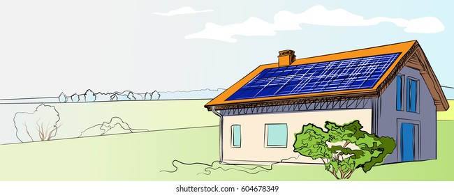 Eco friendly house with solar panel. Alternative green energy. Line design vector illustration.