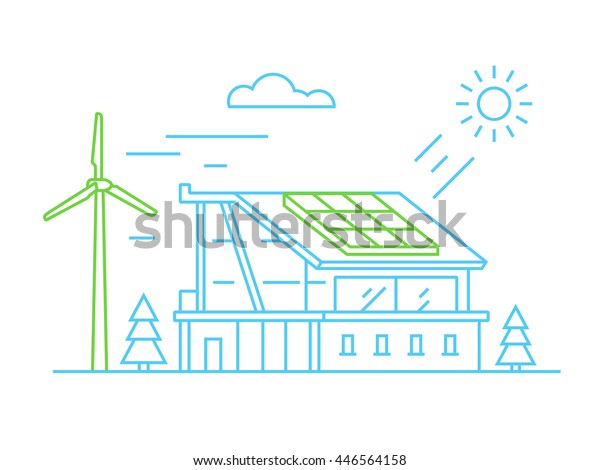 ソーラーパネルと風力タービンと環境に優しい家 代替の緑のエネルギー 線のデザインベクターイラスト のベクター画像素材 ロイヤリティフリー