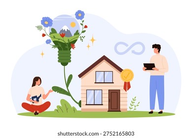 Eco friendly house with tiny people, green energy lightbulb, nature, renewable symbol, and award badge showing sustainable living and environmental care isolated vector illustration