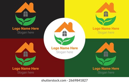 Diseño de logotipo de Vector de casa ecológico que combina el hogar y el símbolo de hoja verde, perfecto para bienes raíces sostenibles, vida orgánica, energía renovable, construcción, agricultura, jardinería y medio ambiente