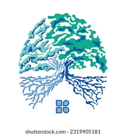 Eco friendly house,design of a tree house that has roots as the roof of the house. A suitable logo for an eco-friendly home.A house with a concept of nature and reducing the negative impact on nature.