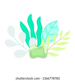 Eco friendly household cleaner in leaves. Natural detergent. Organic biodegradable product for house cleaning. Non chemical. Green home. Flat design. Banner, leaflet, brochure, label, package. Vector