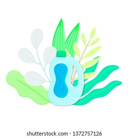 Eco friendly household cleaner in leaves. Natural detergent. Organic biodegradable product for house cleaning. Non chemical. Green home. Flat design. Banner, leaflet, brochure, label, package. Vector