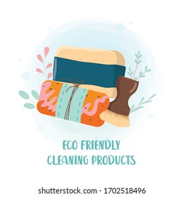 Eco Friendly Household Cleaning Products Set. Zero Waste Movement Concept. Dishwashing And Bathroom Cleaning Collection. Nontoxic Cleaning Block With Natural Ingredients. Vector Illustration