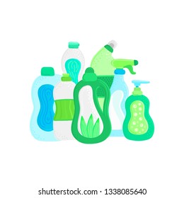 Eco friendly household cleaning supplies. Natural detergents. Products for house washing. Non chemical cleaners. Green home. Flat design. Banner, leaflet, brochure, lable, package. Vector illustration