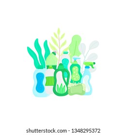 Eco Friendly Household Cleaning Supplies In Leaves. Natural Detergents. Products For House Washing. Non Chemical Cleaners. Green Home. Flat Design. Banner, Leaflet, Brochure, Lable, Package. Vector