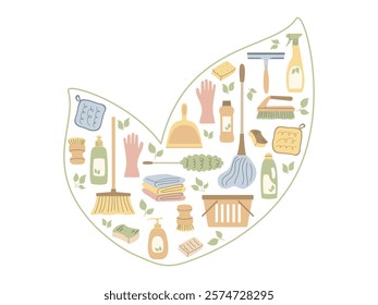 Eco friendly household cleaning tools inside Leaves silhouette. Biodegradable detergent bottles, reusable organic cloths, natural brushes. Green lifestyle sustainable living concept