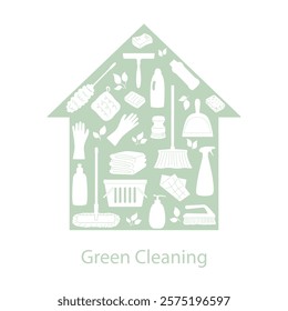 Eco friendly household cleaning tools inside house silhouette. Ideal for green lifestyle promotions and zero waste cleaning campaigns. Label logo Banner design template