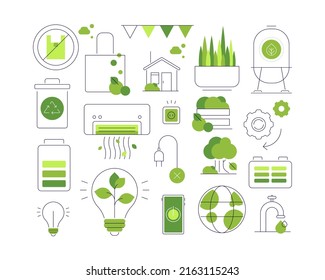 Eco friendly household. Set of thin line icons. Flat illustrations. Vector file.