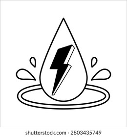 Eco friendly hydro power energy line icon combining water tear drop and electrical spark isolated on white background