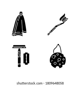 Eco friendly hygiene products black glyph icons set on white space. Cloth napkin, bamboo toothbrush, reusable razor and eco sponge. Sustainability silhouette symbols. Vector isolated illustrations