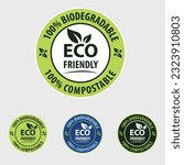 Eco Friendly Icon, 100% Biodegradeable, 100% Compostable, Eco Icon, pictogram, Symbol, sign, logo, badge, emble, isolated graphic vector, flat illustration, Icon For packaing, environment friendly. 