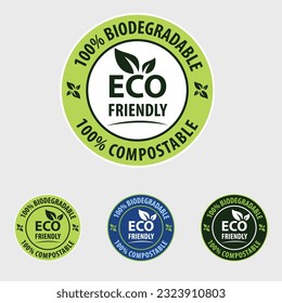 Eco Friendly Icon, 100% Biodegradeable, 100% Compostable, Eco Icon, pictogram, Symbol, sign, logo, badge, emble, isolated graphic vector, flat illustration, Icon For packaing, environment friendly.  svg