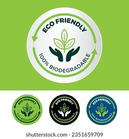 Eco Friendly Icon, 100% Biodegradeable, 100% Compostable, Eco Icon, pictogram, Symbol, sign, log, badge, emble, isolated graphic vector, flat illustration, Icon For packaing, environment friendly.  svg